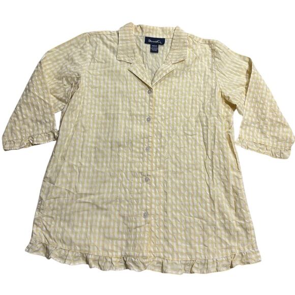 Denim & Co Button Up Shirt Butter Yellow White Plaid Womens Sz Medium Ruffle Hem - Picture 1 of 7